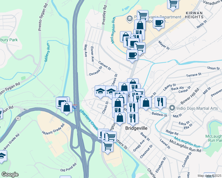 map of restaurants, bars, coffee shops, grocery stores, and more near 258 Murray Avenue in Bridgeville