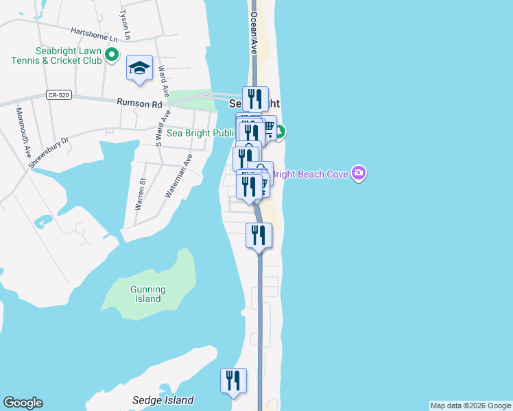 map of restaurants, bars, coffee shops, grocery stores, and more near 1136 Ocean Avenue in Sea Bright