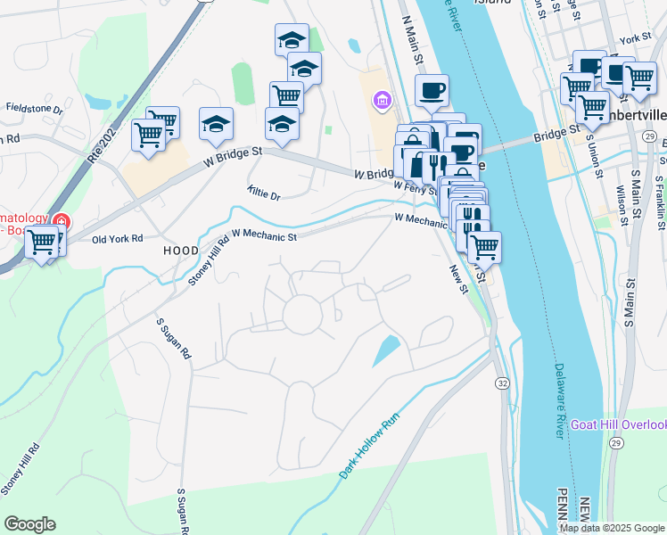 map of restaurants, bars, coffee shops, grocery stores, and more near 28 Arden Way in New Hope