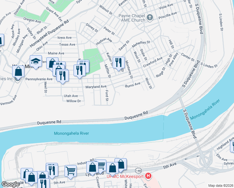 map of restaurants, bars, coffee shops, grocery stores, and more near 413 Mifflin Street in West Mifflin