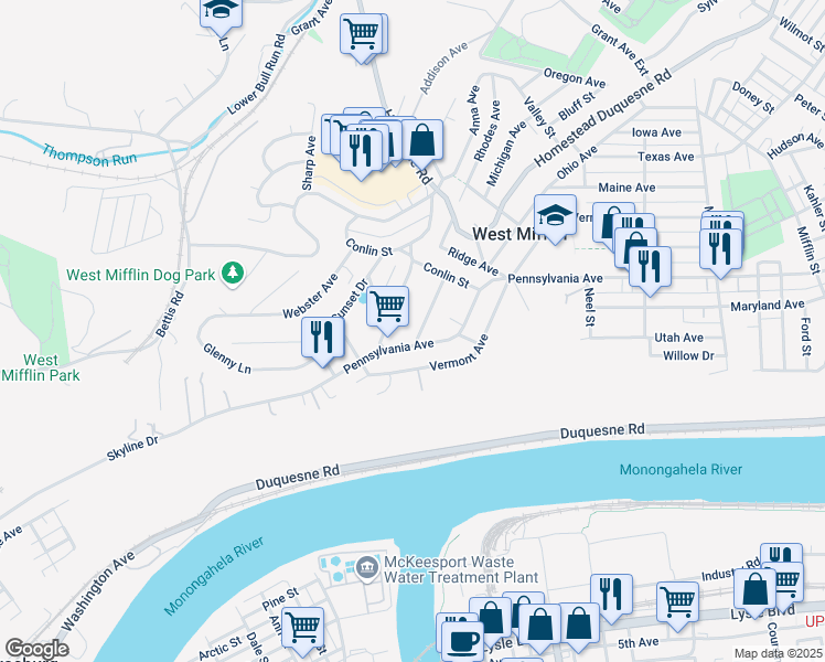 map of restaurants, bars, coffee shops, grocery stores, and more near 2140 Carolina Avenue in West Mifflin