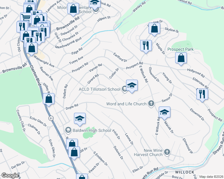 map of restaurants, bars, coffee shops, grocery stores, and more near 4803 Oakridge Drive in Pittsburgh