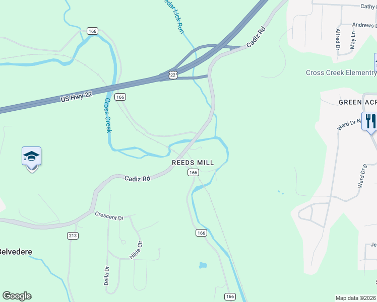map of restaurants, bars, coffee shops, grocery stores, and more near County Road 22 A in Jefferson