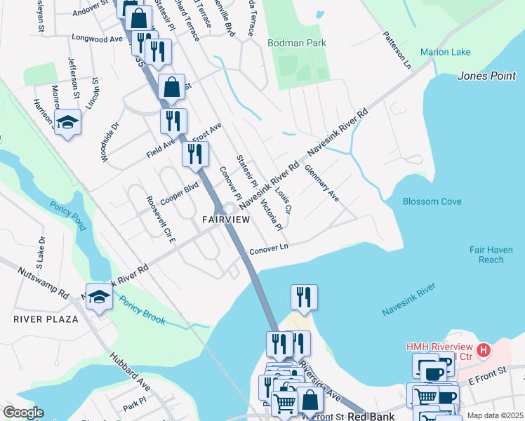 map of restaurants, bars, coffee shops, grocery stores, and more near 53 Catherine Avenue in Red Bank