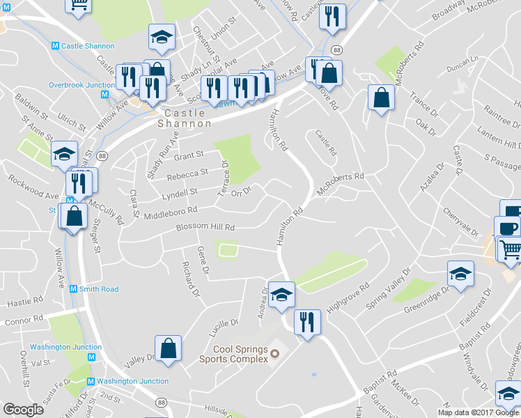 map of restaurants, bars, coffee shops, grocery stores, and more near 3559 Middleboro Rd in Pittsburgh