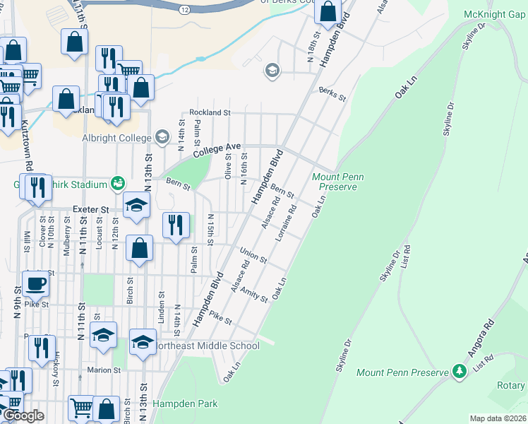 map of restaurants, bars, coffee shops, grocery stores, and more near 1711 Hampden Boulevard in Reading