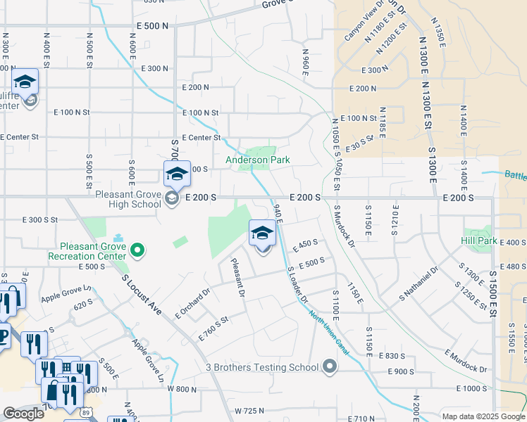 map of restaurants, bars, coffee shops, grocery stores, and more near 252 South Cherry Hill Drive in Pleasant Grove
