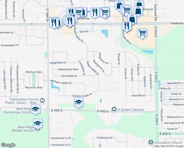 map of restaurants, bars, coffee shops, grocery stores, and more near 2018 Kyverdale Dr in Lafayette