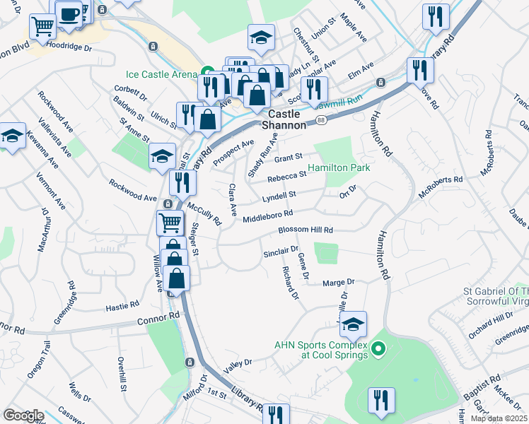 map of restaurants, bars, coffee shops, grocery stores, and more near 3904 Middleboro Rd in Pittsburgh
