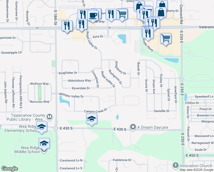 map of restaurants, bars, coffee shops, grocery stores, and more near 2018 Kyverdale Drive in Lafayette