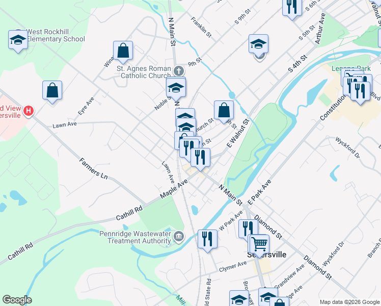 map of restaurants, bars, coffee shops, grocery stores, and more near 220 North Main Street in Sellersville