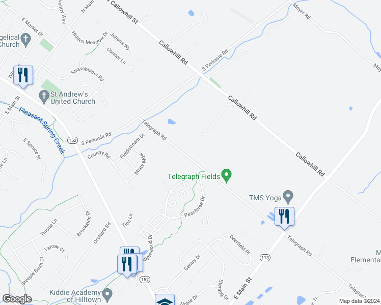 map of restaurants, bars, coffee shops, grocery stores, and more near 1211 Telegraph Road in Perkasie
