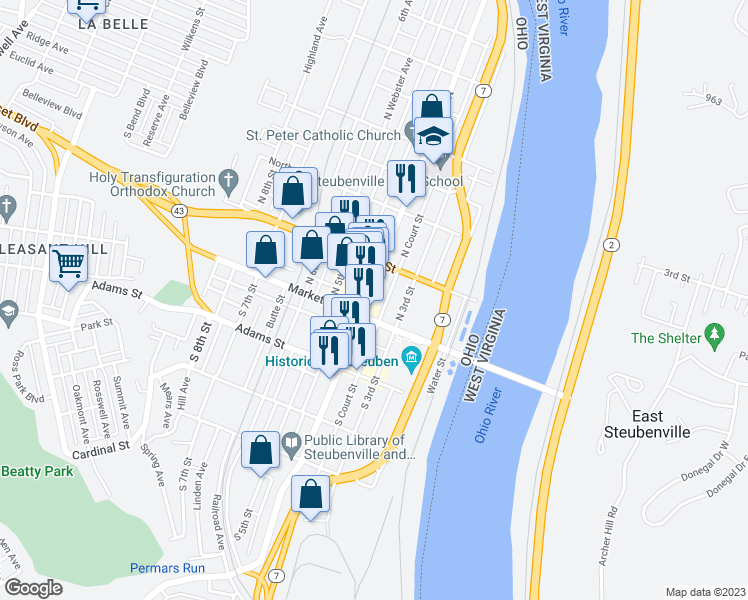 map of restaurants, bars, coffee shops, grocery stores, and more near 124 North 4th Street in Steubenville