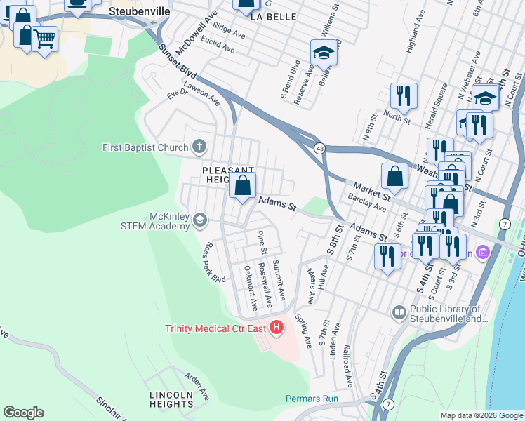 map of restaurants, bars, coffee shops, grocery stores, and more near 506 Grandview Avenue in Steubenville
