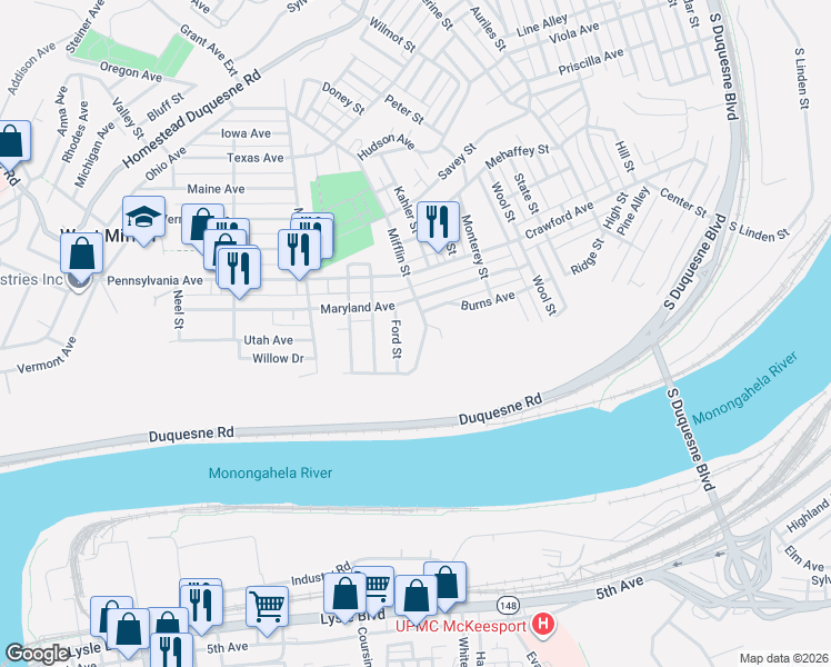 map of restaurants, bars, coffee shops, grocery stores, and more near 413 Mifflin Street in West Mifflin