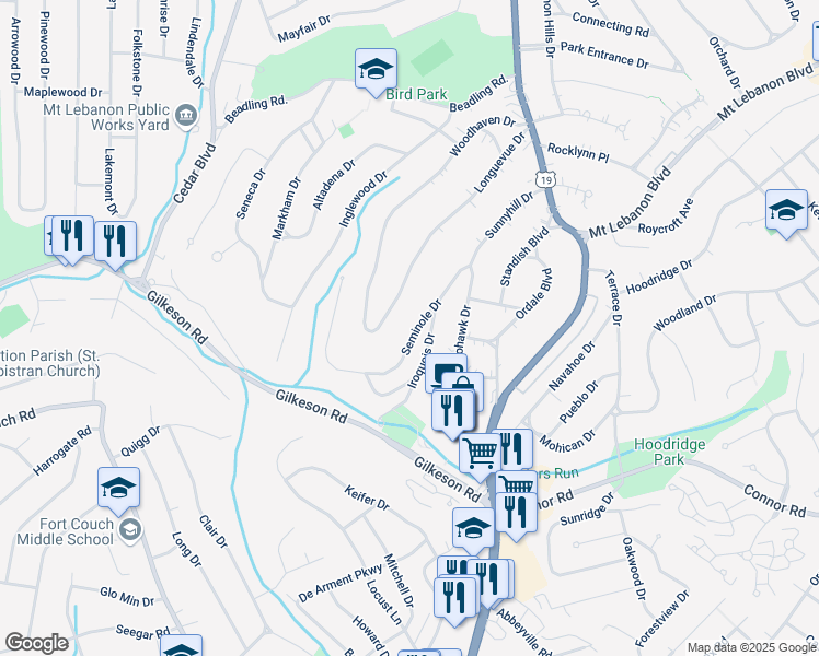 map of restaurants, bars, coffee shops, grocery stores, and more near 174 Seminole Drive in Pittsburgh