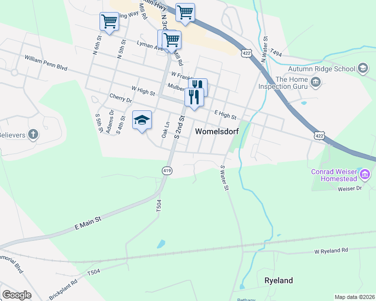 map of restaurants, bars, coffee shops, grocery stores, and more near 119 West Jefferson Street in Womelsdorf