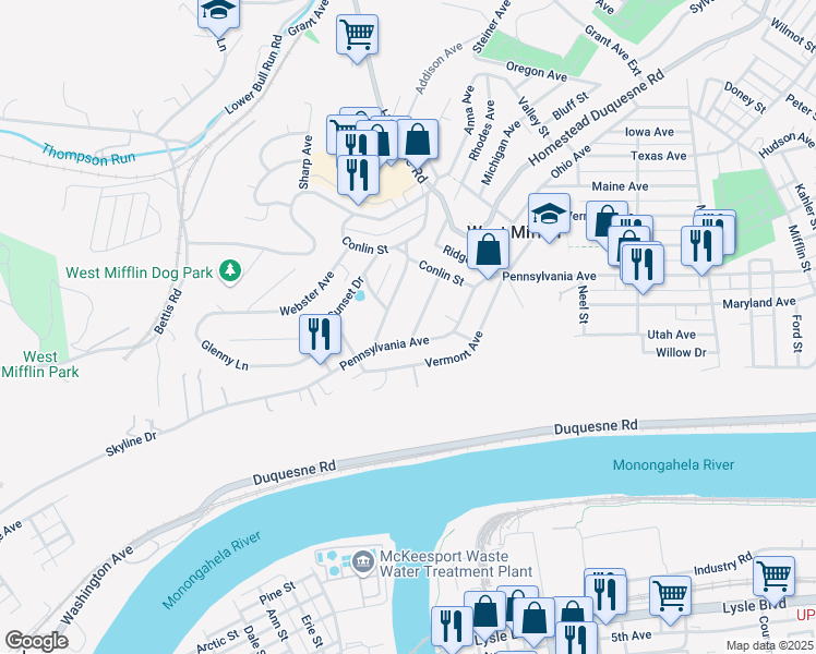 map of restaurants, bars, coffee shops, grocery stores, and more near 2140 Carolina Avenue in West Mifflin