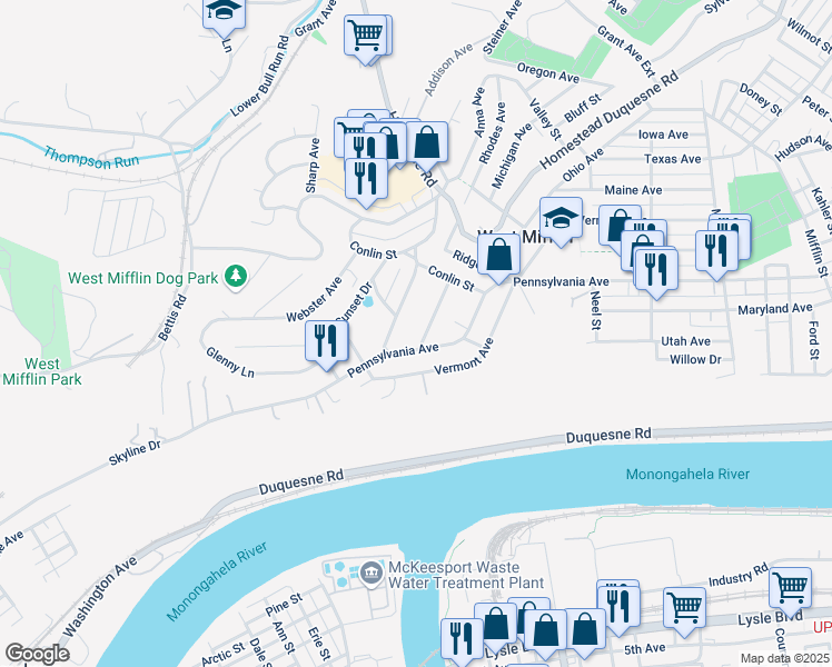 map of restaurants, bars, coffee shops, grocery stores, and more near 2140 Carolina Avenue in West Mifflin