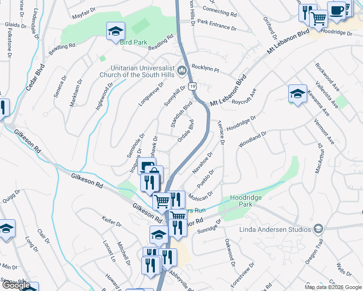 map of restaurants, bars, coffee shops, grocery stores, and more near 109 Ordale Blvd in Pittsburgh