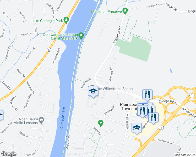 map of restaurants, bars, coffee shops, grocery stores, and more near 604 Barclay Boulevard in Princeton