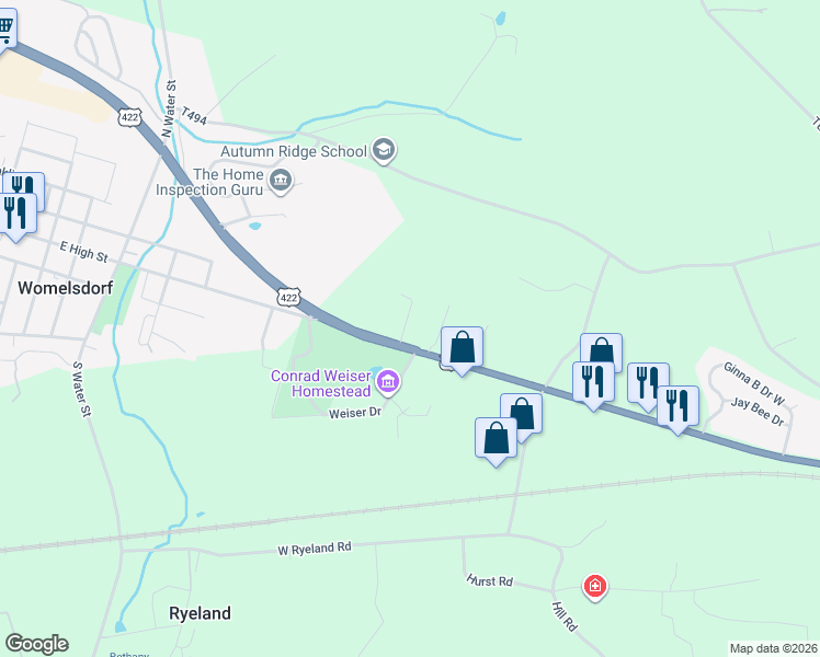 map of restaurants, bars, coffee shops, grocery stores, and more near 1293 Penn Avenue in Womelsdorf