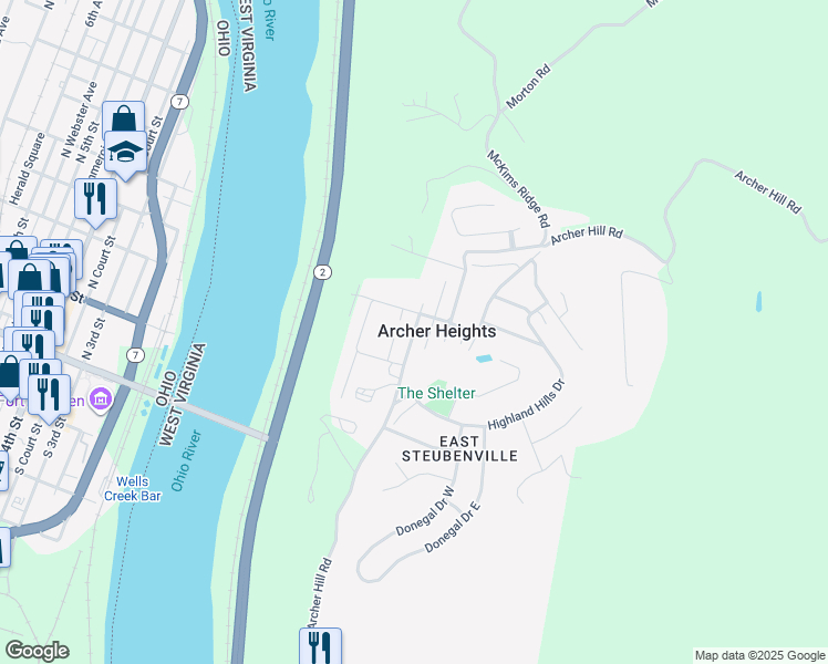 map of restaurants, bars, coffee shops, grocery stores, and more near 303 Archer Hill Rd in Follansbee