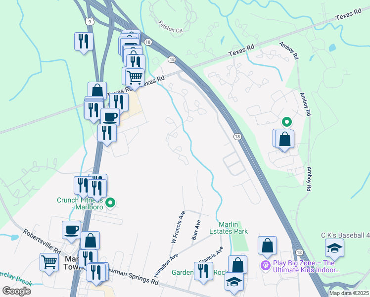 map of restaurants, bars, coffee shops, grocery stores, and more near 1057 Roseberry Court in Marlboro