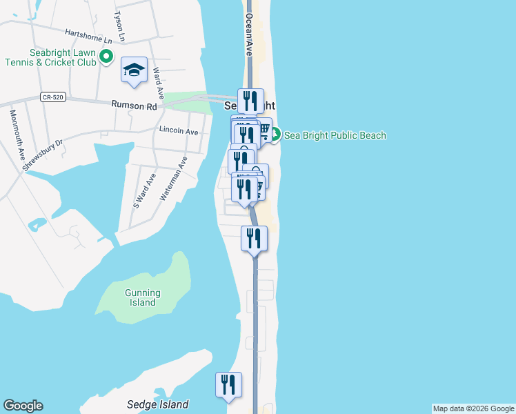 map of restaurants, bars, coffee shops, grocery stores, and more near 1135 Ocean Avenue in Sea Bright