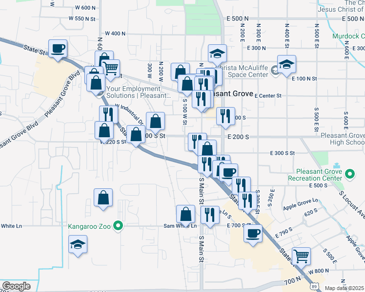 map of restaurants, bars, coffee shops, grocery stores, and more near 230 100 West in Pleasant Grove