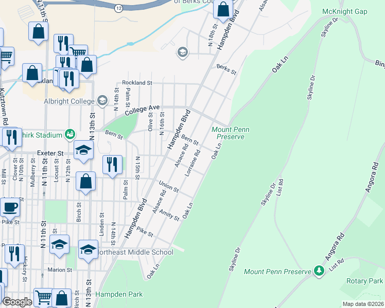 map of restaurants, bars, coffee shops, grocery stores, and more near 1730 Lorraine Road in Reading