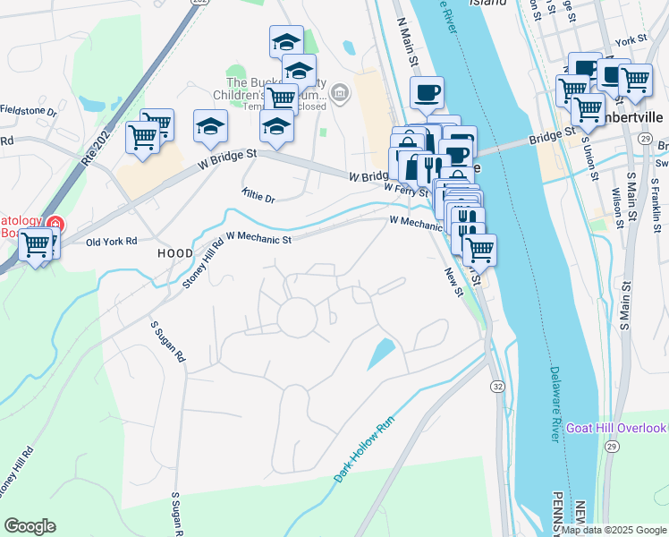 map of restaurants, bars, coffee shops, grocery stores, and more near 17 Arden Way in New Hope