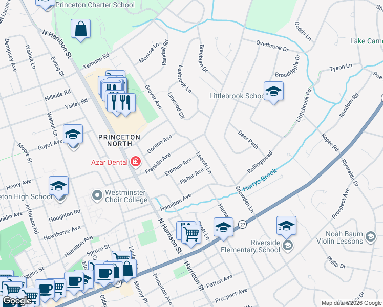 map of restaurants, bars, coffee shops, grocery stores, and more near 74 Leavitt Lane in Princeton