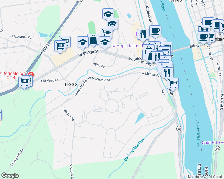map of restaurants, bars, coffee shops, grocery stores, and more near 7 Arden Way in New Hope