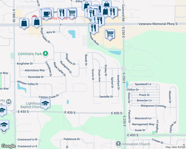 map of restaurants, bars, coffee shops, grocery stores, and more near Scoria Street in Lafayette