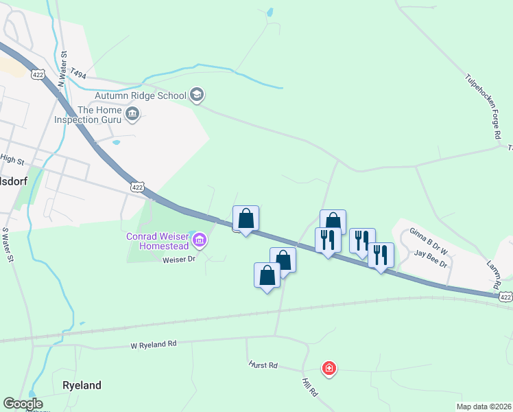map of restaurants, bars, coffee shops, grocery stores, and more near 31 Deppen Drive in Womelsdorf