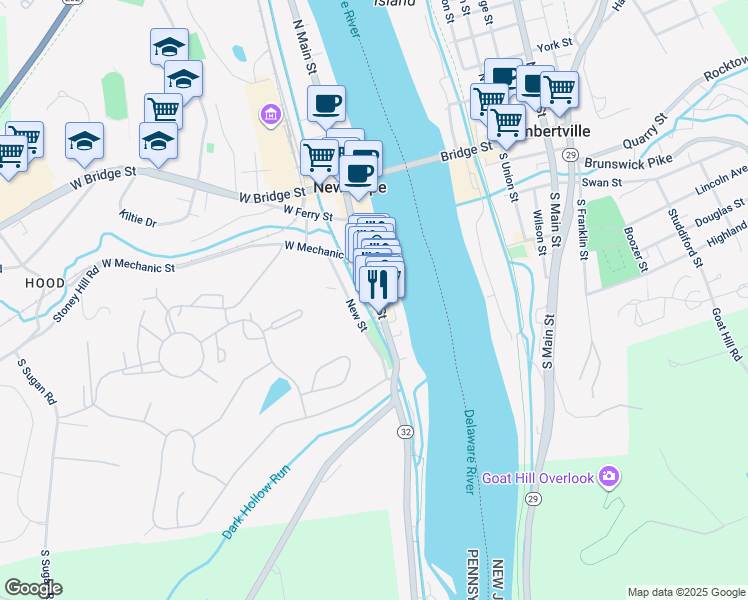 map of restaurants, bars, coffee shops, grocery stores, and more near 115 South Main Street in New Hope