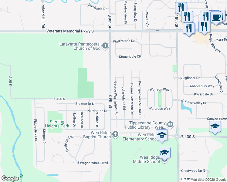 map of restaurants, bars, coffee shops, grocery stores, and more near 3923 George Washington Road in Lafayette