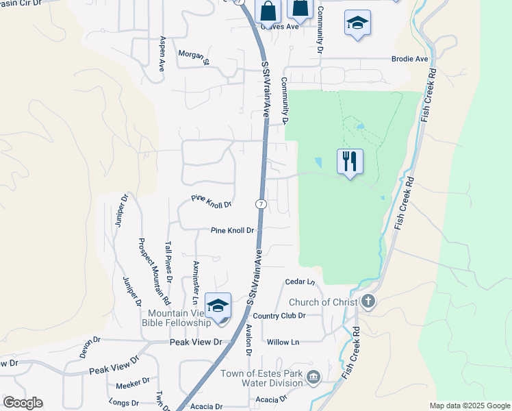 map of restaurants, bars, coffee shops, grocery stores, and more near 1155 South Saint Vrain Avenue in Estes Park