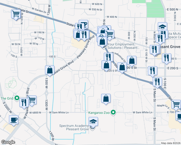 map of restaurants, bars, coffee shops, grocery stores, and more near 263 South 740 West in Pleasant Grove