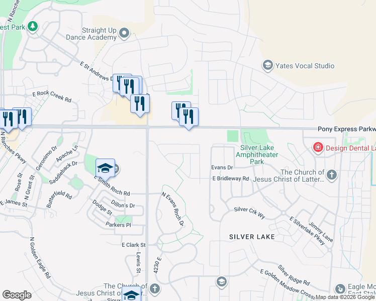 map of restaurants, bars, coffee shops, grocery stores, and more near 4387 East Golden Oak Lane in Eagle Mountain