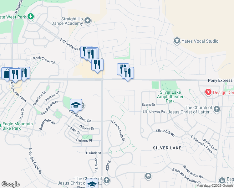map of restaurants, bars, coffee shops, grocery stores, and more near 4301 East Golden Oak Lane in Eagle Mountain
