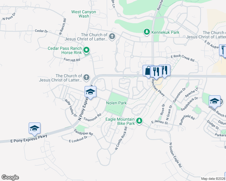 map of restaurants, bars, coffee shops, grocery stores, and more near 3176 Peregrine Road in Eagle Mountain