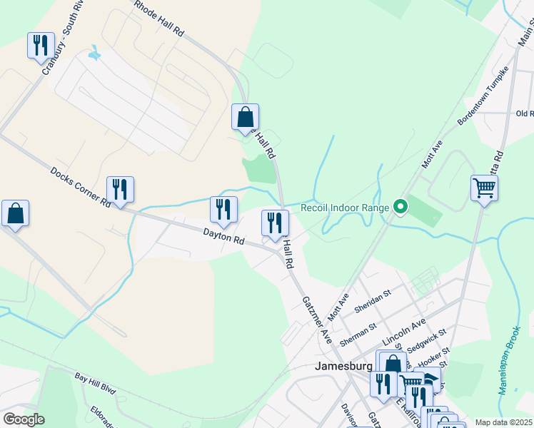 map of restaurants, bars, coffee shops, grocery stores, and more near 105 Colletti Court in Jamesburg