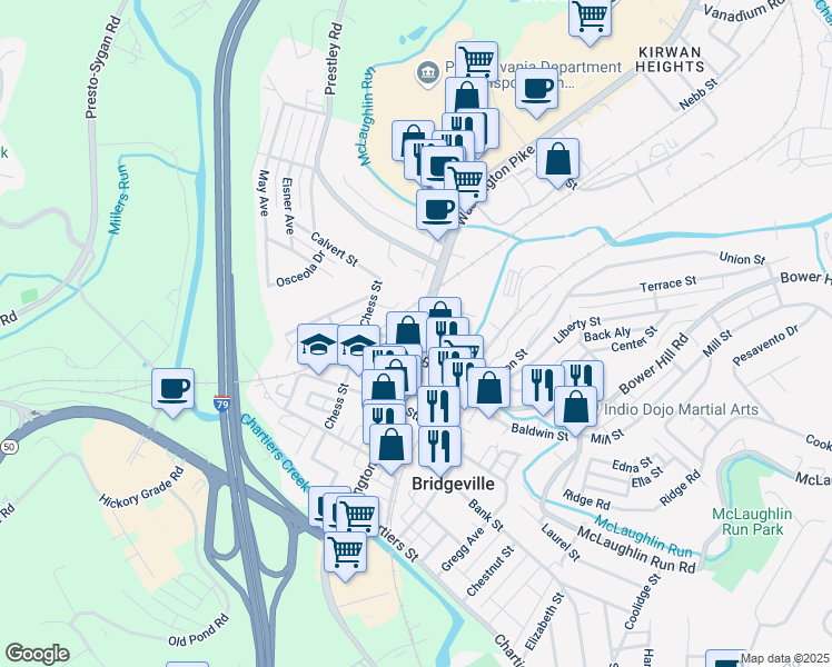 map of restaurants, bars, coffee shops, grocery stores, and more near 347 Murray Avenue in Bridgeville