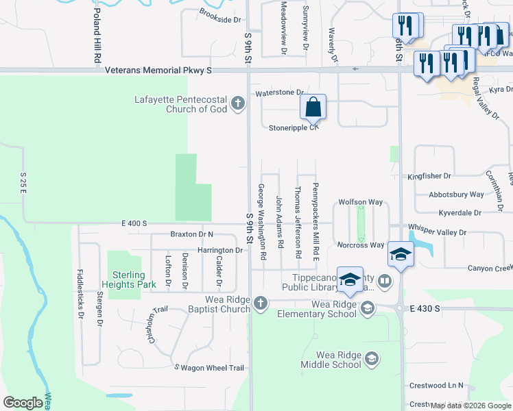map of restaurants, bars, coffee shops, grocery stores, and more near 3923 George Washington Road in Lafayette