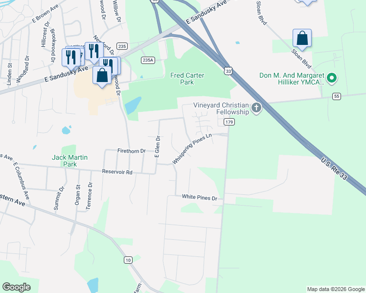 map of restaurants, bars, coffee shops, grocery stores, and more near 1605 Whispering Pines Lane in Bellefontaine