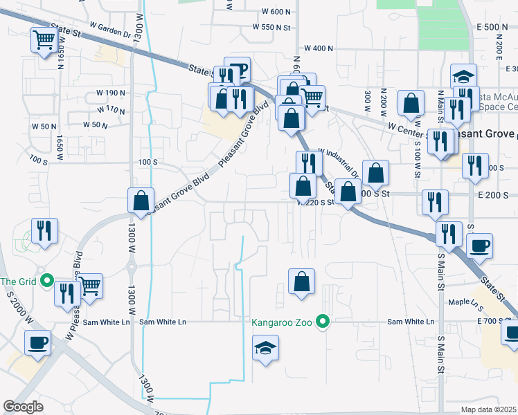 map of restaurants, bars, coffee shops, grocery stores, and more near 263 South 740 West in Pleasant Grove