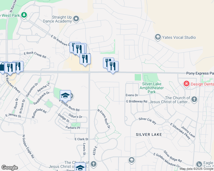 map of restaurants, bars, coffee shops, grocery stores, and more near 4301 East Golden Oak Lane in Eagle Mountain