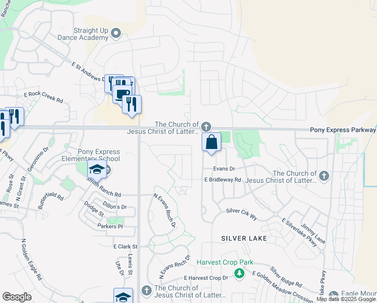 map of restaurants, bars, coffee shops, grocery stores, and more near 4387 East Golden Oak Lane in Eagle Mountain